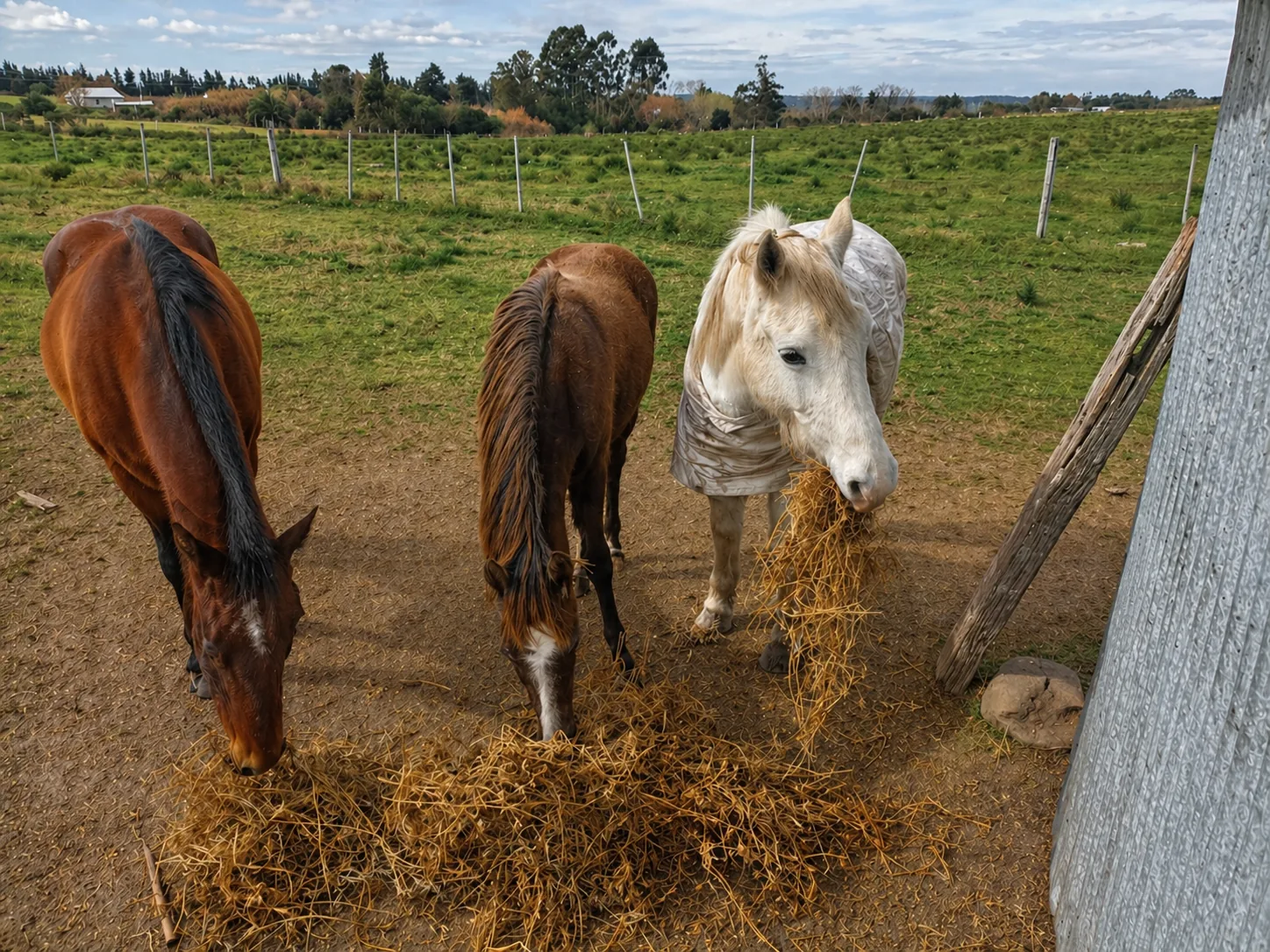 Caballos comiendo en el corral